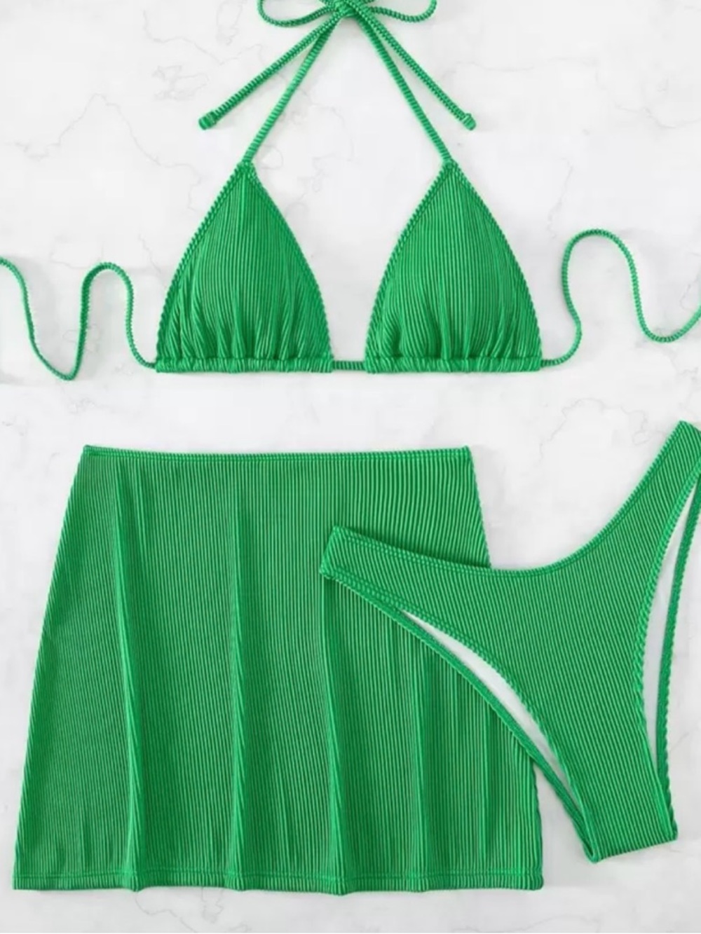 Green Ribbed Triangle Bikini Set with Skirt - Women Swim